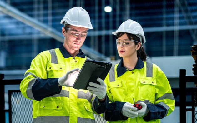 Two workers in high-visibility jackets and hard hats consult a tablet in an industrial setting. One holds a radio, and both wear safety goggles.