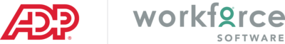 Logo featuring "ADP" in red and "workforce software" in gray with a stylized green letter "f".