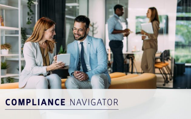 Two professionals sit on a couch discussing a tablet, while two others talk in the background of a modern office. Text reads “COMPLIANCE NAVIGATOR.”.