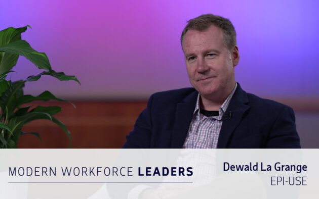 A man in a suit sits beside a plant, with text on screen reading "MODERN WORKFORCE LEADERS" and "Dewald La Grange, EPI-USE".