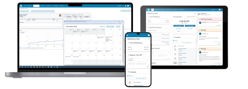 A laptop, tablet, and smartphone display synchronized screens of a business application featuring a dashboard, calendar, and task management interface.