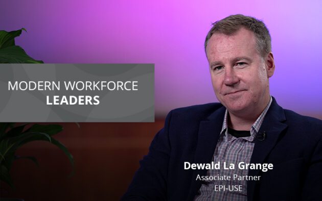 Man sitting in front of a purple background with the text "MODERN WORKFORCE LEADERS." Name and title displayed: Dewald La Grange, Associate Partner, EPI-USE.