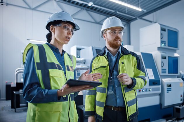 Two factory workers in safety vests and helmets discuss something while holding a tablet, standing in an industrial setting with machinery in the background.