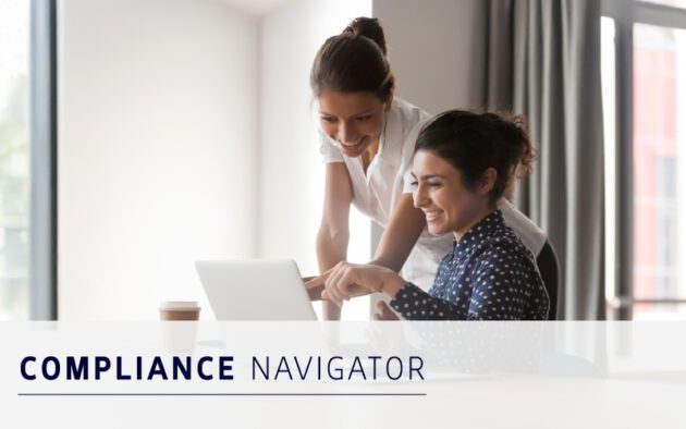 Two women in business attire look at a laptop together and smile, with the words "Compliance Navigator" displayed on the image.