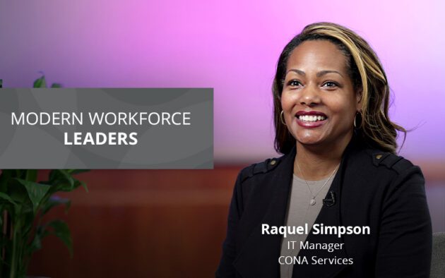 A woman is smiling, wearing a dark blazer and seated near a plant. Text reads "Modern Workforce Leaders: Raquel Simpson, IT Manager, CONA Services." The background is a gradient of pink and purple.