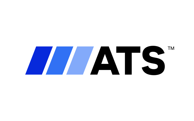 Logo with three diagonal blue bars followed by the bold black letters "ATS" on a white background.