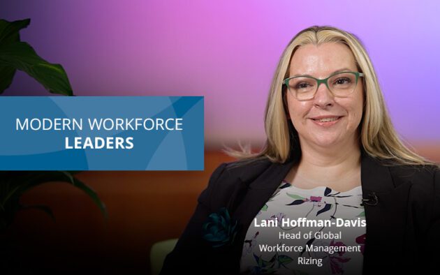 A woman with long blonde hair and glasses sits smiling in front of a pink and purple background. Text reads, "Modern Workforce Leaders; Lani Hoffman-Davis, Head of Global Workforce Management, Rizing.
