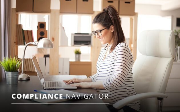 Woman wearing glasses works on a laptop at a desk in a home office. The text "COMPLIANCE NAVIGATOR" appears at the bottom of the image.