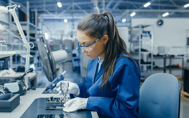 A woman in safety glasses and gloves assembles or repairs an electronic circuit board at a workstation in a laboratory or manufacturing facility.