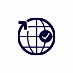 A simple line drawing of a globe with a check mark and an upward-pointing arrow, representing global approval or international success.