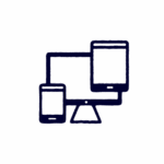 A simple line drawing of a desktop monitor, a tablet, and a smartphone arranged side by side, representing multiple digital devices.