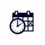 Icon of a calendar with a day marked by an X and an analog clock in front, indicating a scheduled date and time.