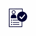Icon of a document with a user profile and checklist, next to a large checkmark symbol.