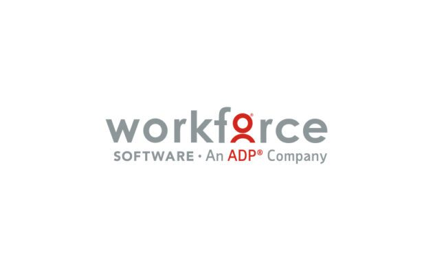 Logo for Workforce Software, an ADP company. The letter "o" in "workforce" is stylized with a red icon, and "ADP" is highlighted in red text.