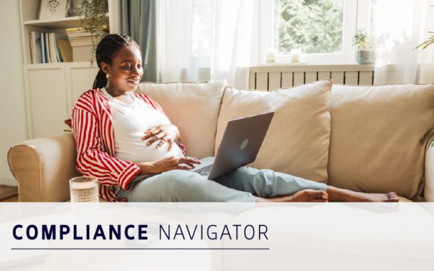 Pregnant woman sits on a sofa with a laptop on her lap, managing compliance tasks or browsing in a bright living room. Text reads "Compliance Navigator.