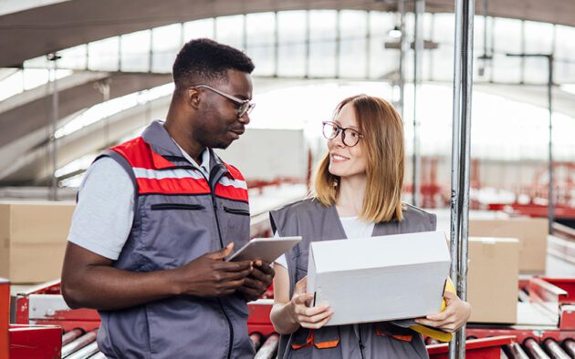 Two warehouse workers, one holding a tablet and the other holding a box, stand together and talk in a large storage facility.