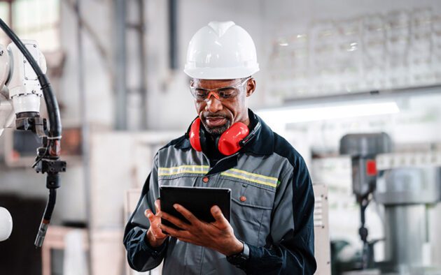 A worker in safety gear uses a tablet in an industrial setting with machinery in the background.
