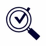 A magnifying glass icon with a checkmark inside, symbolizing inspection, verification, or approval after review.
