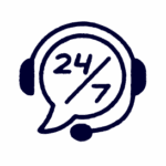 Icon of a headset with a chat bubble in the center displaying "24/7," representing around-the-clock customer support or service.
