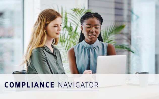Two women sit at a desk in a modern office, reviewing compliance details on a laptop screen. The text "Compliance Navigator" appears at the bottom of the image.