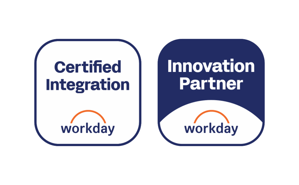 Two Workday badges: one labeled "Certified Integration" and the other "Innovation Partner," both featuring the Workday logo with an orange arc.