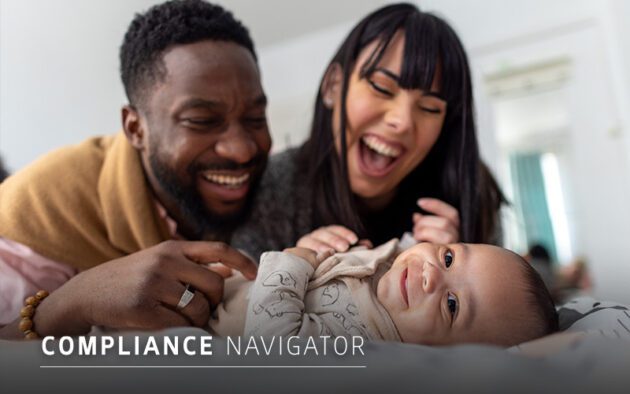 A smiling man and woman lie on a bed, looking at and laughing with a baby who is smiling up at them. The words "COMPLIANCE NAVIGATOR" are overlaid at the bottom of the image.