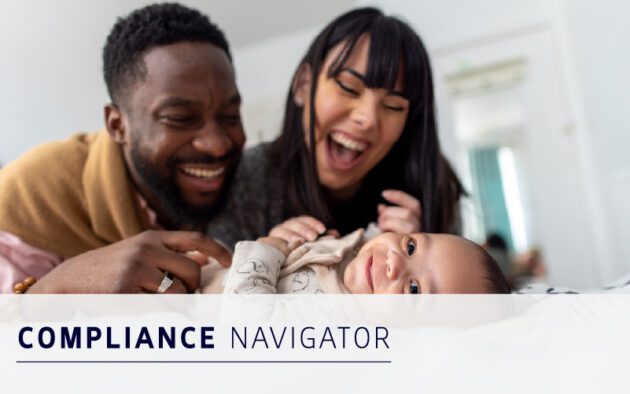 A man and woman smile while lying on a bed with a baby, representing peace of mind. The text "COMPLIANCE NAVIGATOR" appears at the bottom, highlighting the importance of compliance in everyday life.