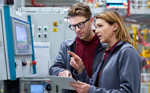 Two factory workers wearing uniforms review data on a tablet while standing next to industrial control equipment in a manufacturing facility.