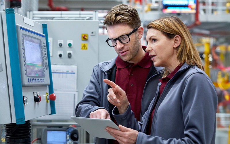 Two factory workers wearing uniforms review data on a tablet while standing next to industrial control equipment in a manufacturing facility.