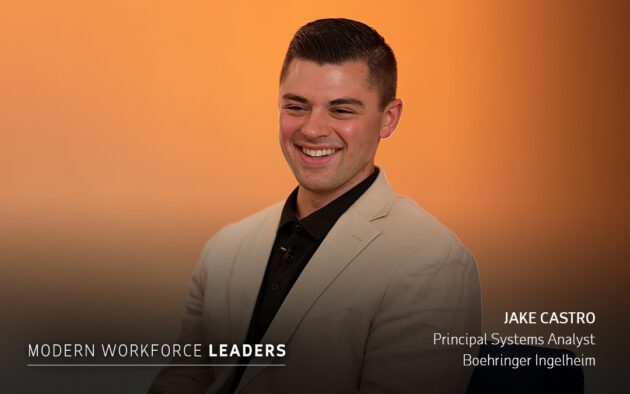 A man in a beige blazer and black shirt smiles while seated against an orange background. Text identifies him as Jake Castro, Principal Systems Analyst at Boehringer Ingelheim.