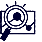 A magnifying glass focusing on a line graph displayed on a rectangular board, representing data analysis or research.