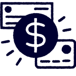 Icon of a large dollar sign in a circle, with two checks or payment documents in the background, representing financial transactions or banking.
