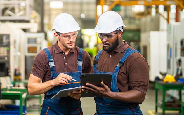 Two workers wearing hard hats and safety glasses review information on a clipboard and tablet in an industrial factory setting.