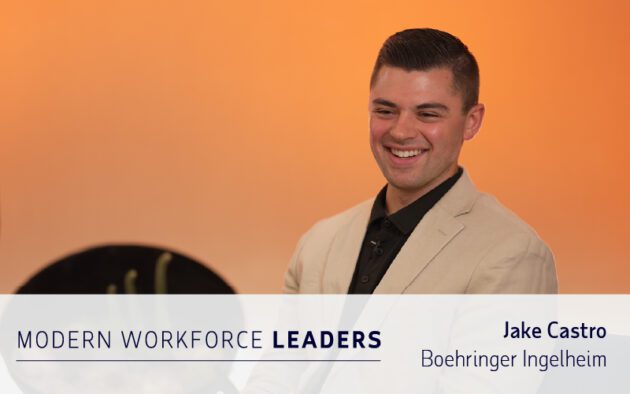 A man in a light-colored blazer smiles while seated in front of an orange background. Text reads: "Modern Workforce Leaders. Jake Castro, Boehringer Ingelheim—driving workforce management forward.