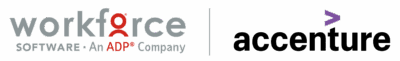 Logos of WorkForce Software, an ADP company, on the left, and Accenture, with a purple accent mark above the letter "t," on the right.