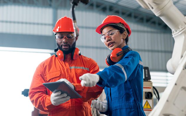 Two engineers in safety gear review data on a tablet and discuss while standing near industrial equipment in a factory setting.