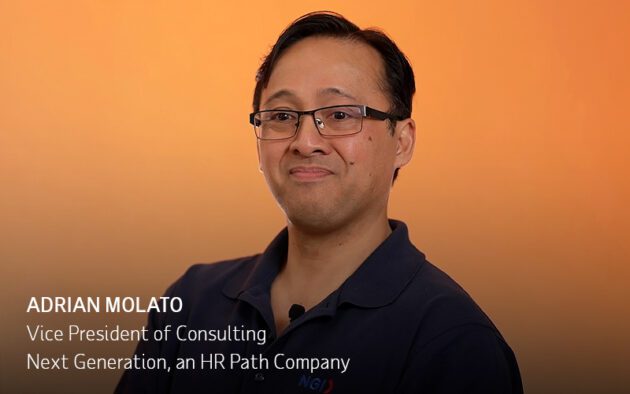A man with glasses and dark hair, wearing a navy shirt, sits in front of an orange background. Text identifies him as Adrian Molato, Vice President of Consulting at Next Generation.