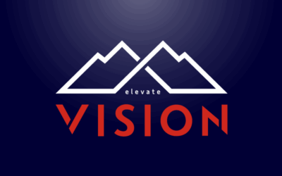 A logo with two white mountain outlines above the word "VISION" in bold red letters; the word "elevate" is in small white text above "VISION" on a dark blue background.
