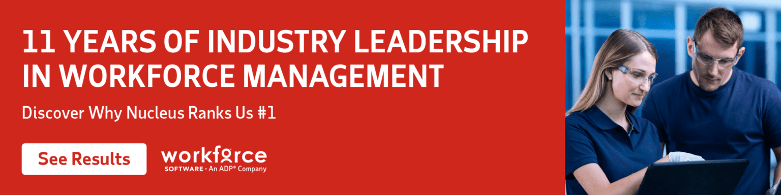 Two people wearing safety glasses look at a laptop. Text highlights 11 years of leadership in workforce management by Workforce Software, inviting viewers to see results.