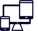 Outline icons of a smartphone, computer monitor, and tablet overlapping, representing multiple digital devices.