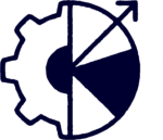 A navy blue gear partially overlaid with a pie chart and an arrow pointing upward and to the right, on a light background.