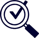A magnifying glass with a check mark inside the lens, symbolizing inspection, verification, or approval.