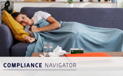 A person lies on a couch with a blanket, looking unwell. A glass of water, tissues, and medicine are on the table. The text reads "COMPLIANCE NAVIGATOR.