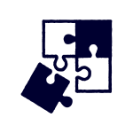 Four puzzle pieces, three connected and one separated, with a simple navy blue outline on a light background.