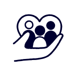 Icon of a hand holding a heart-shaped outline containing three human figures, symbolizing care and support for people or community.