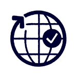 Simple globe icon with an arrow circling left and a checkmark in a circle overlay, representing global approval or worldwide verification.