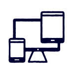 Icon showing a smartphone, a tablet, and a desktop monitor overlapping each other, representing multiple digital devices.