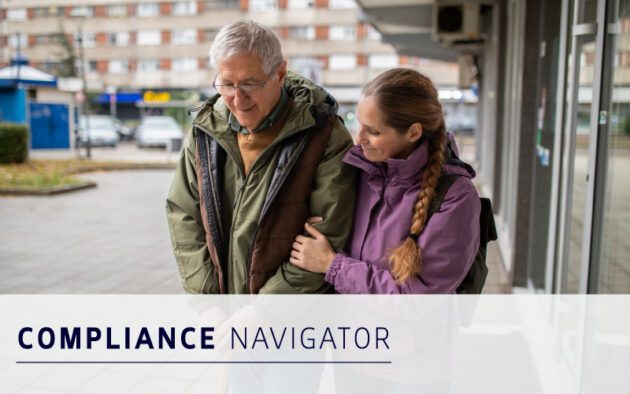 An older man and a younger woman walk arm-in-arm on a city sidewalk. Text overlay reads "COMPLIANCE NAVIGATOR.