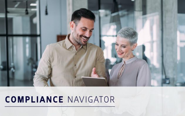 A man and a woman standing together in an office, looking at a tablet. The text on the image reads "Compliance Navigator.