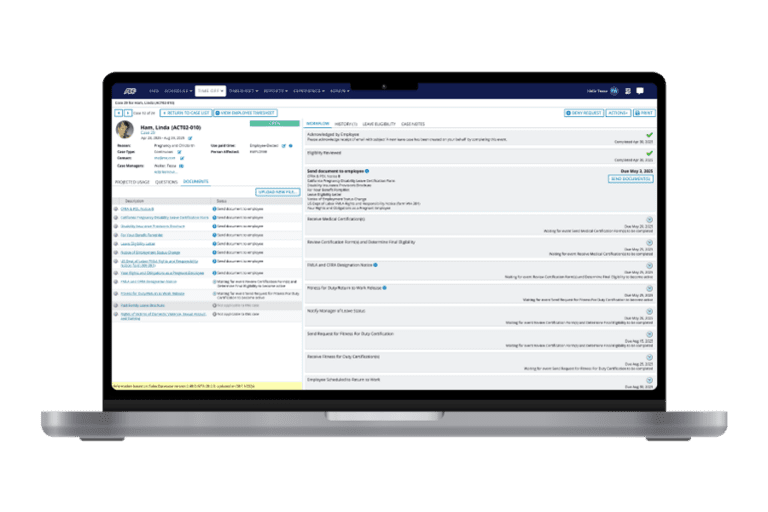 A laptop displays an employee profile and checklist interface on ADP software, showing tasks and personal information against a white background.